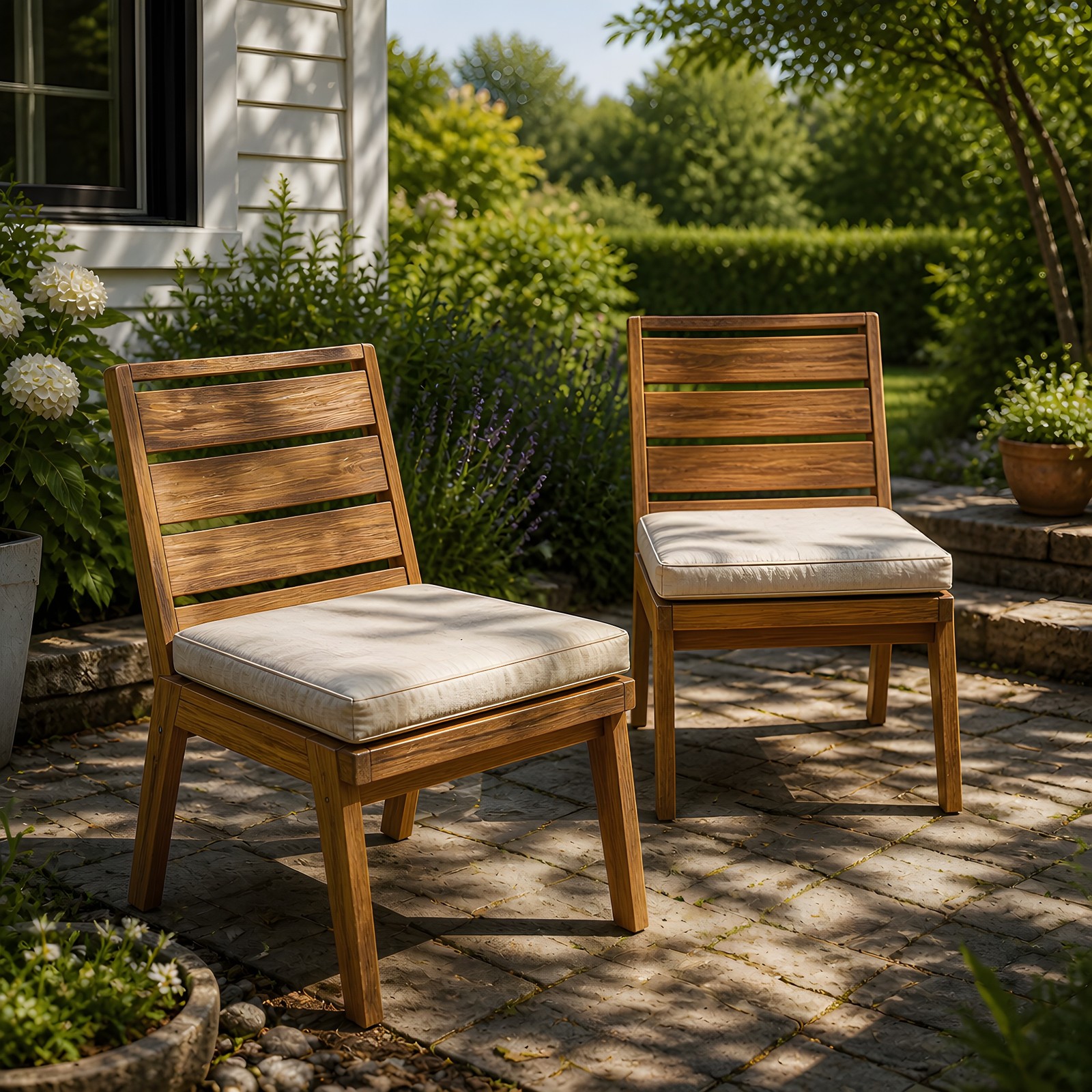 Acacia Wood Outdoor Dining Chairs Set of 2 with Beige Cushions 21x24x31 Rustic