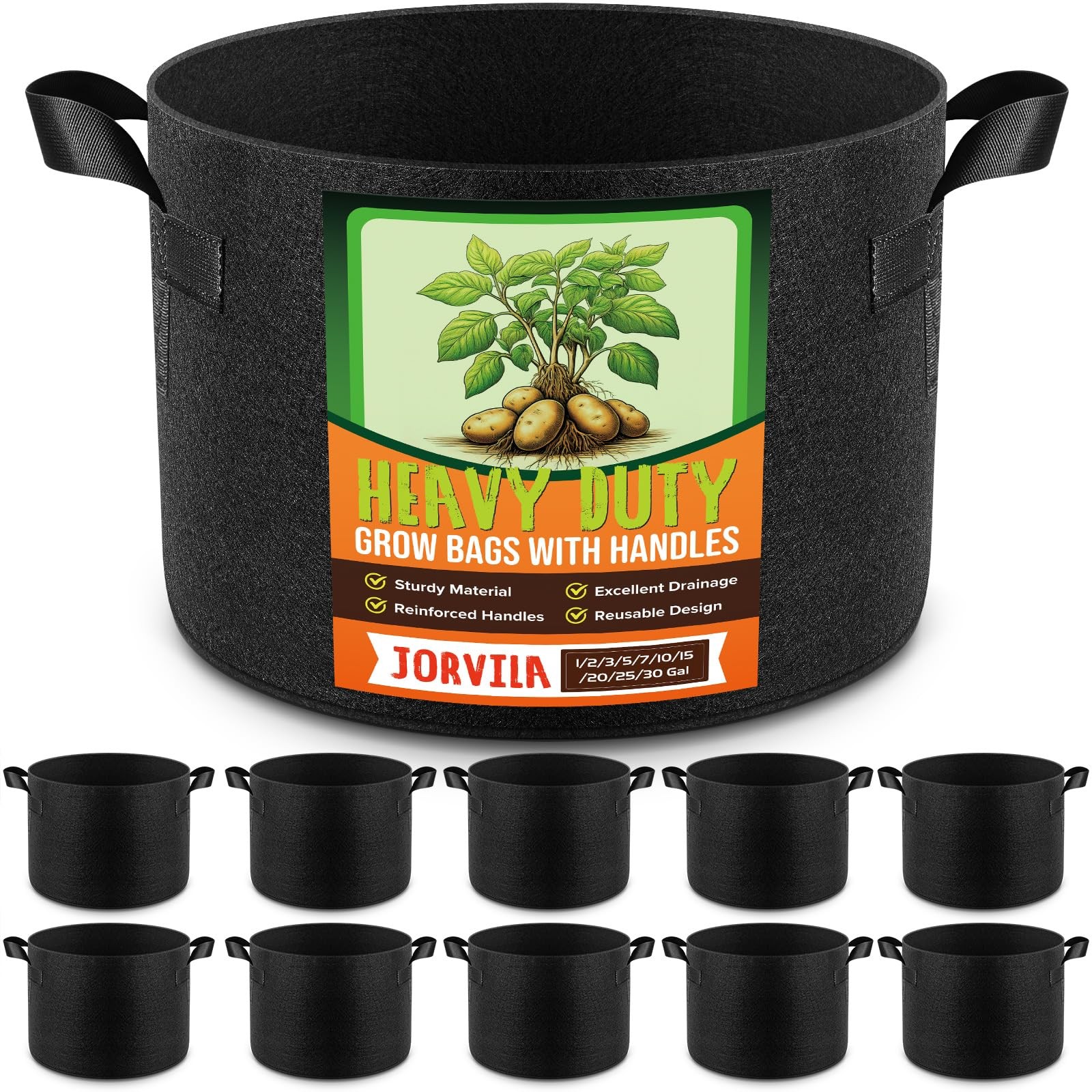Jorvila 10 Pack 5 Gallon Grow Bags Thickened Nonwoven Fabric Planter Pots