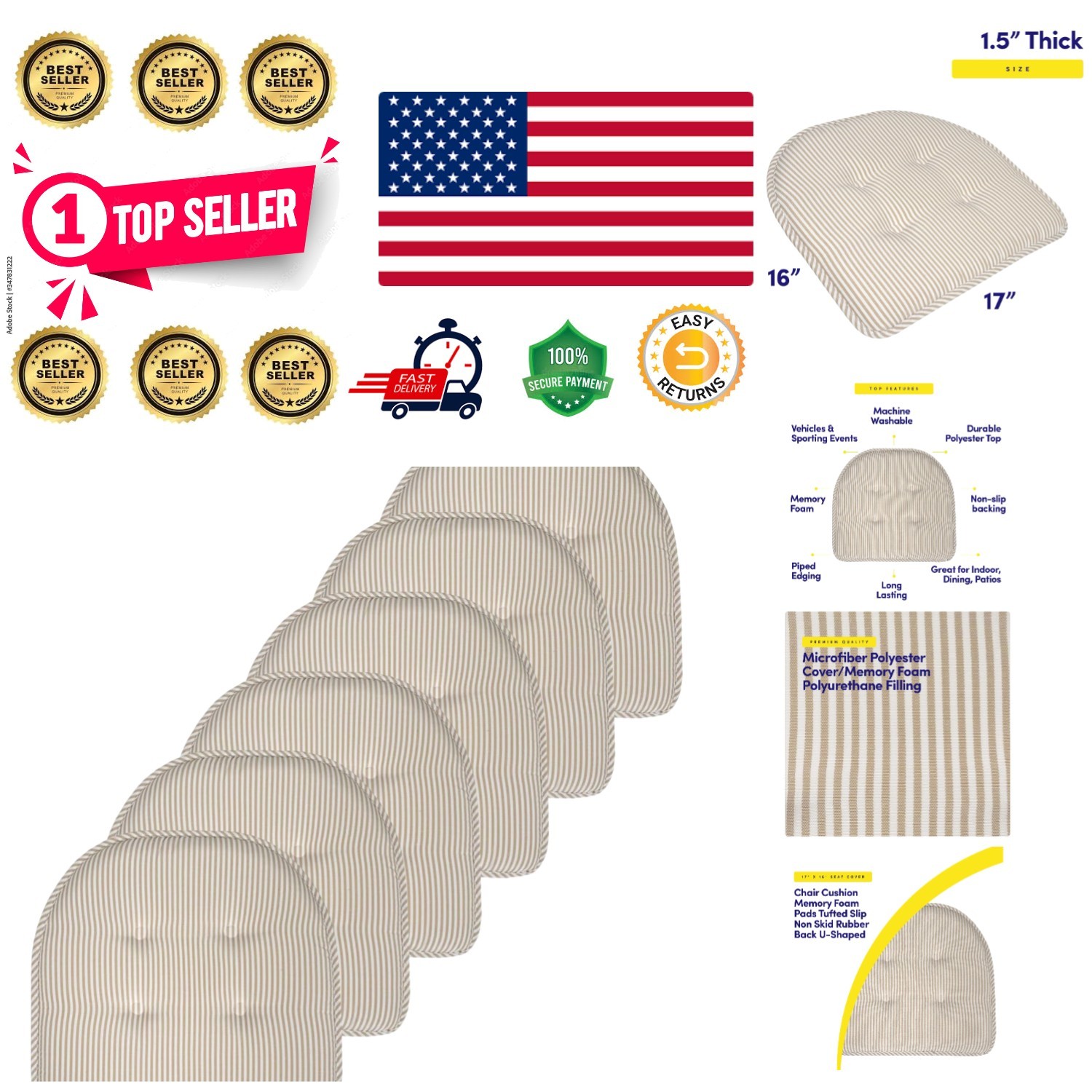 Durable 6-Pack Pinstripe Taupe Memory Foam Cushions with Non-Slip Backing