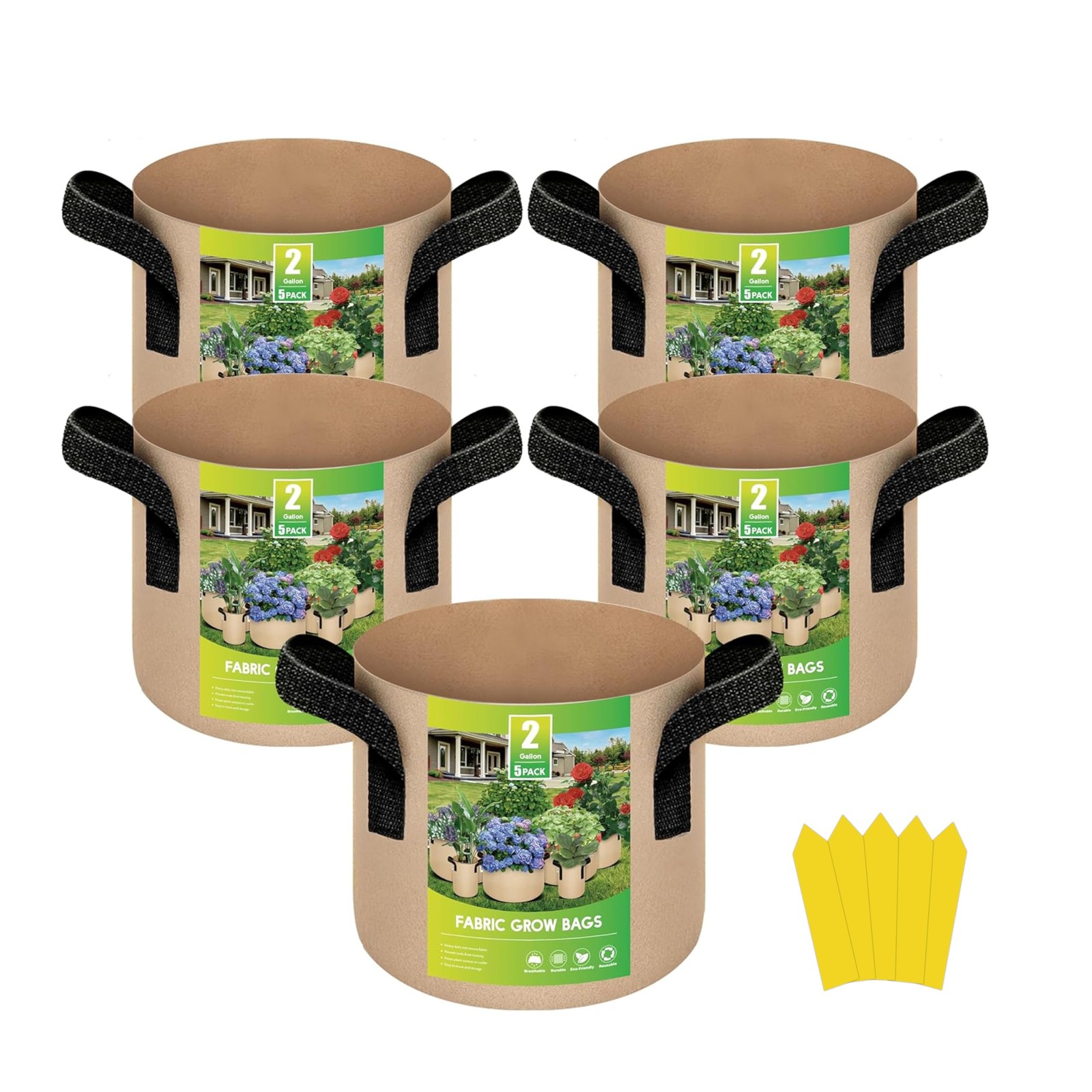 5-Pack 2 Gallon Grow Bags Heavy Duty Thickened Nonwoven Aeration Fabric Pots