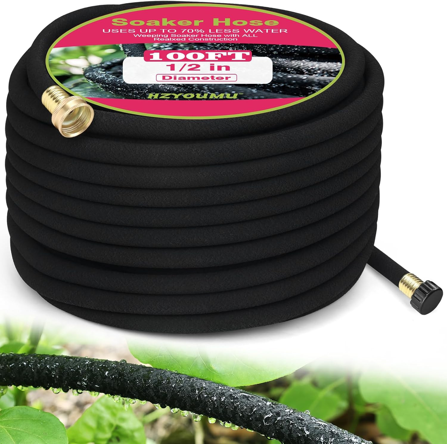 Round Soaker Hose, 1/2 Inch X 100 FT, Heavy Duty Leak-Proof Brass Connectors