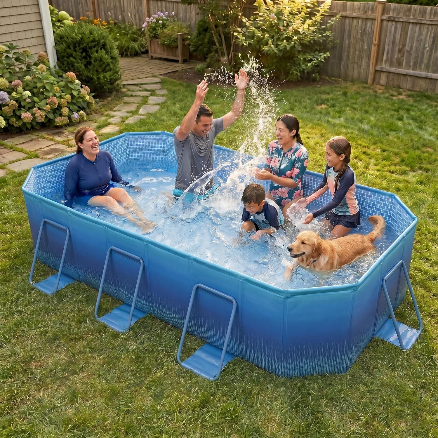101″ Foldable Pool for Kids & Adults,Blue | Non-Inflatable, Metal Frame, Thick P