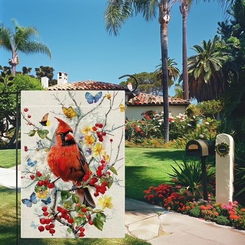 Spring Summer Cardinal Bird Butterfly Floral Garden Flag 12×18 Inch Double Sided