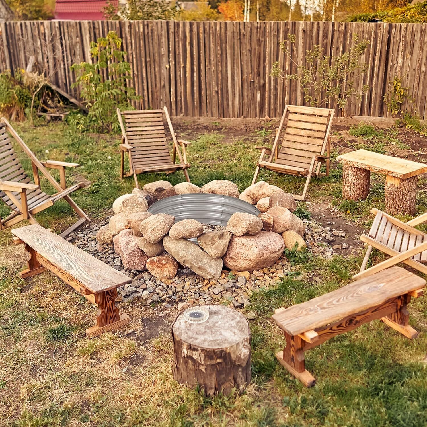 36″ Silver Round Galvanized Steel Fire Ring Pit for Backyard, Camping, Bonfire