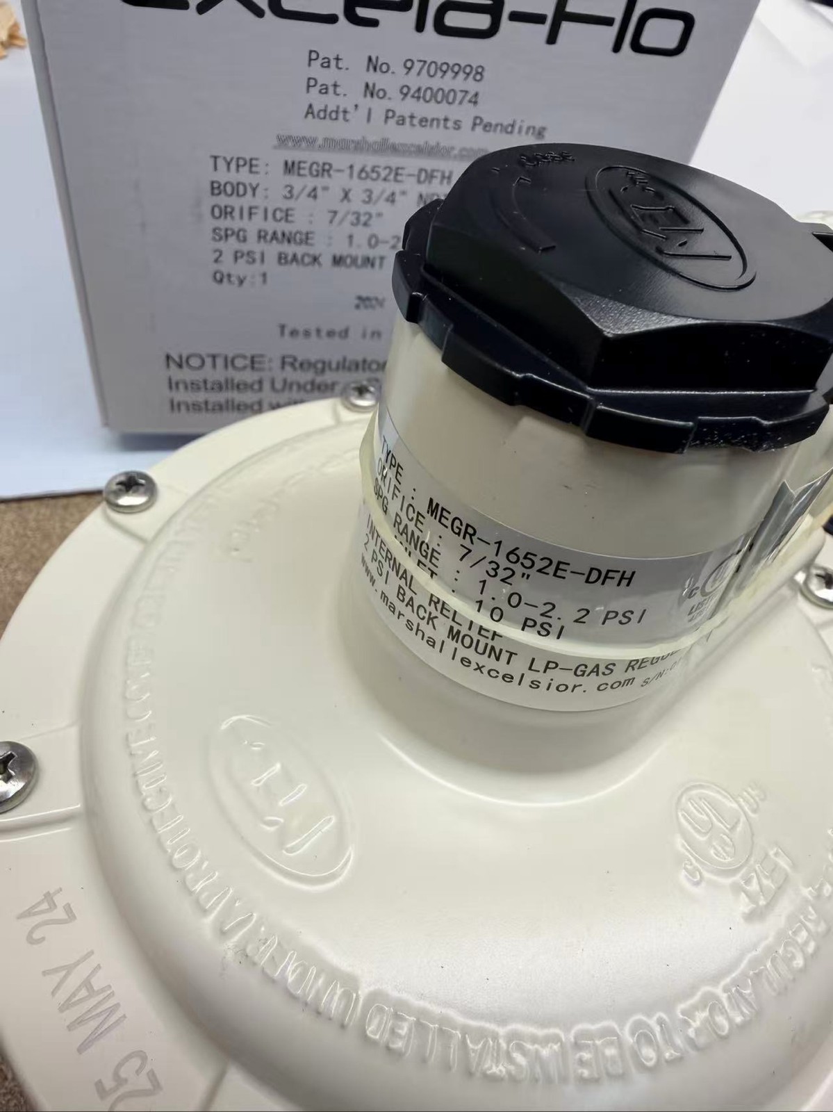 Marshall Excelsior MEGR-1652E-DFH Propane Regulator 10 PSI 1.0-2.2 PSI Low Pre