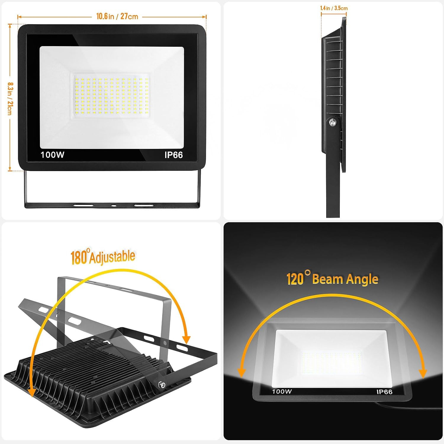 2 Pack 100W LED Flood Light 10000Lm IP66 6500K Plug In Outdoor Security