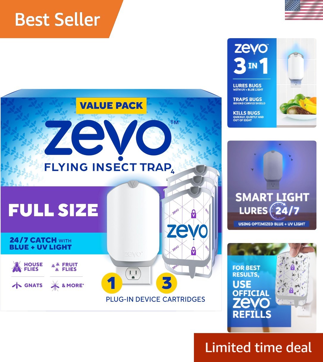 Revolutionary Indoor Fly Trap: 24/7 Insect Catcher with 3 Easy-Change Cartridges