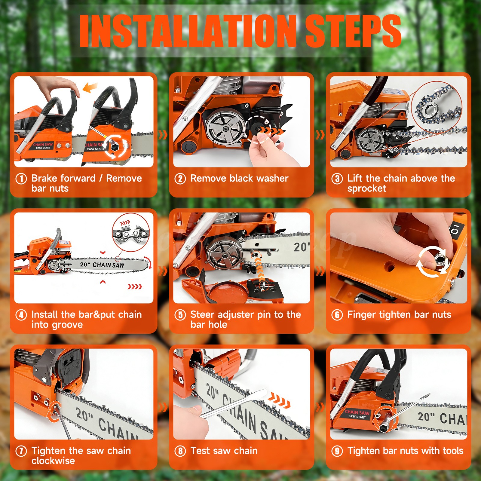 2-Stroke Gasoline Chainsaw, 62cc Bar Powered Engine Wood Cutting Gas Chain Saw