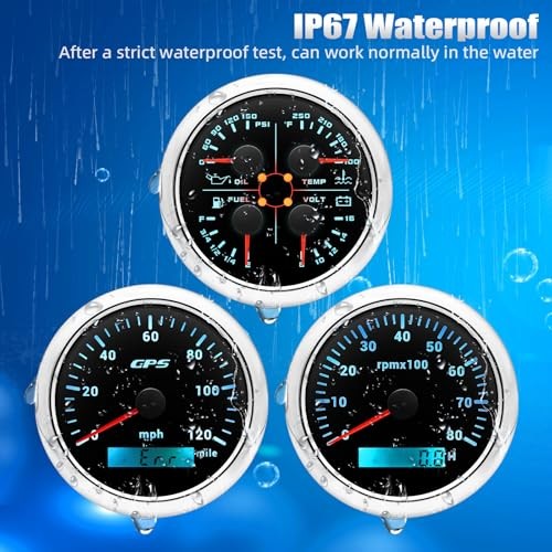 Boat AUTO 3 Gauge Set- GPS Speedometer, Tachometer,4in1 Fuel Black and Silver