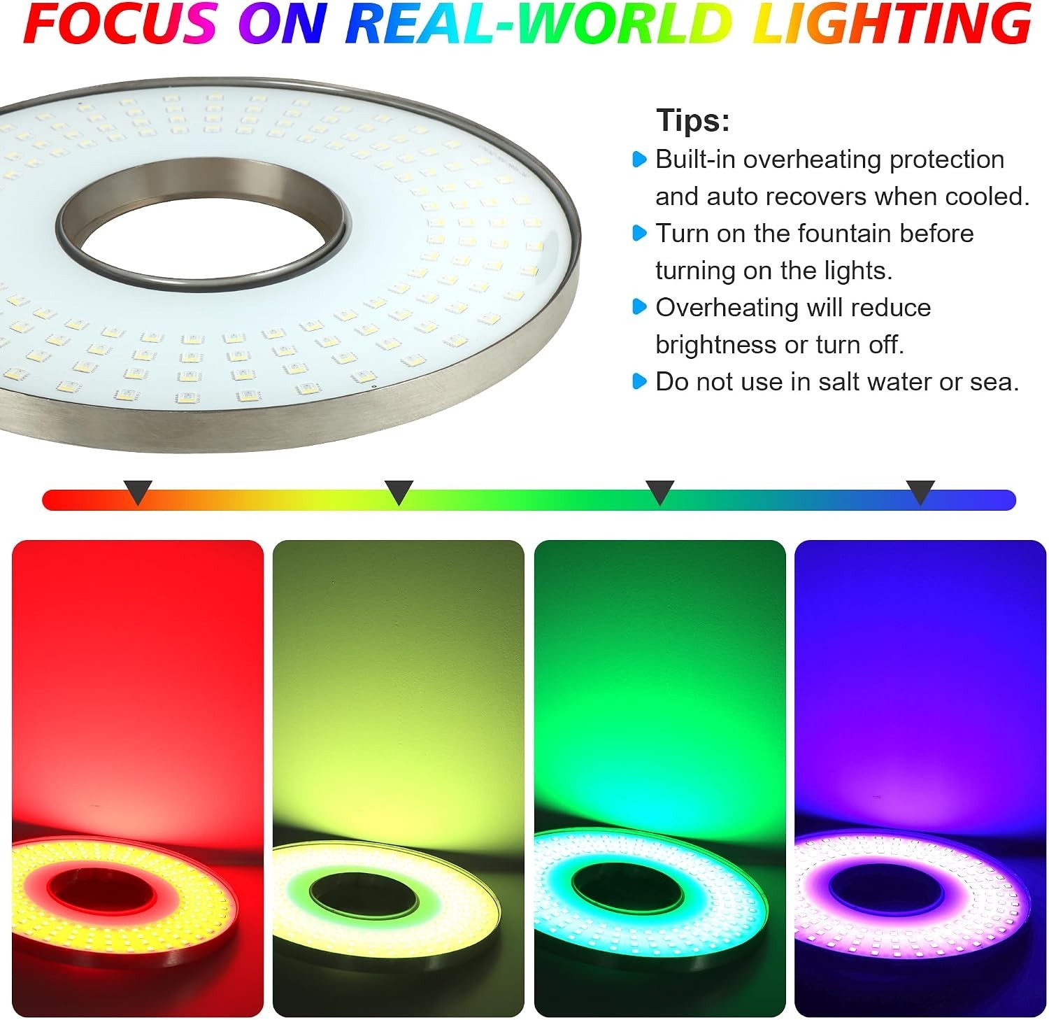 Pond Fountain Aerator Lights F0 200W RGBW 20000LM 160LED Fountain Light w/ 100ft