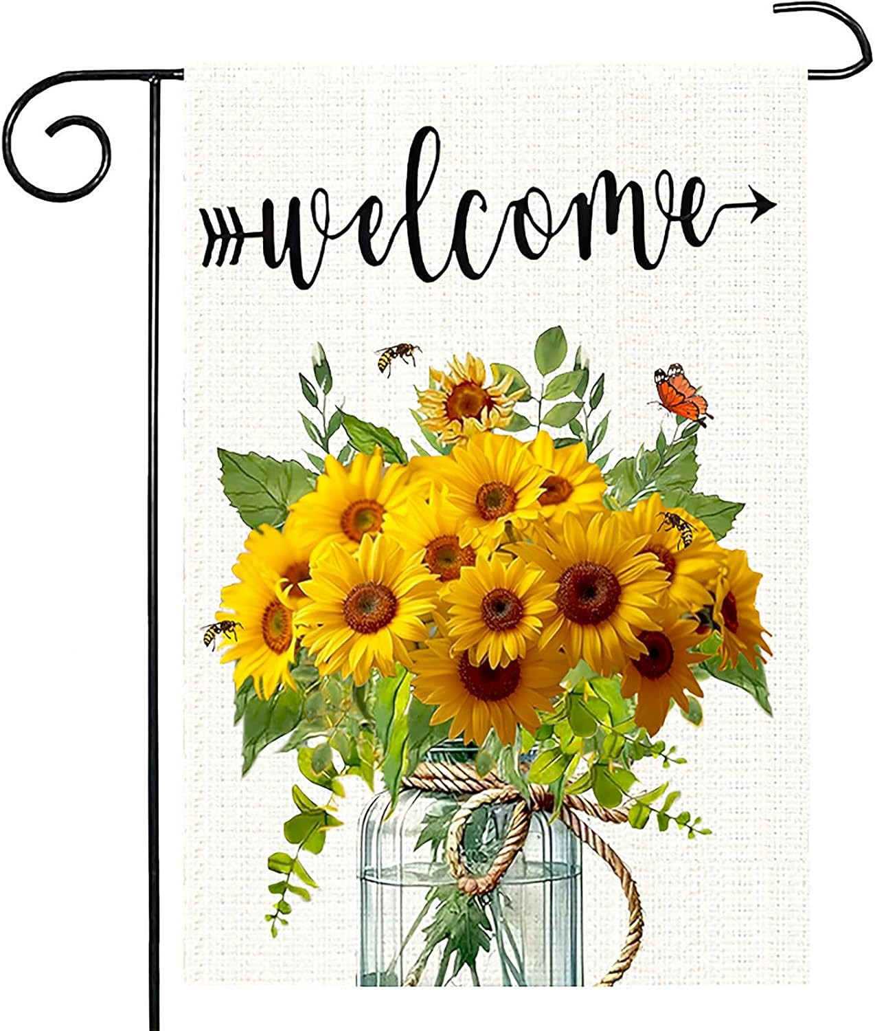 Summer Garden Flag Yellow Sunflower Mason Jar Double Sided 12×18 Inches Bee Welc
