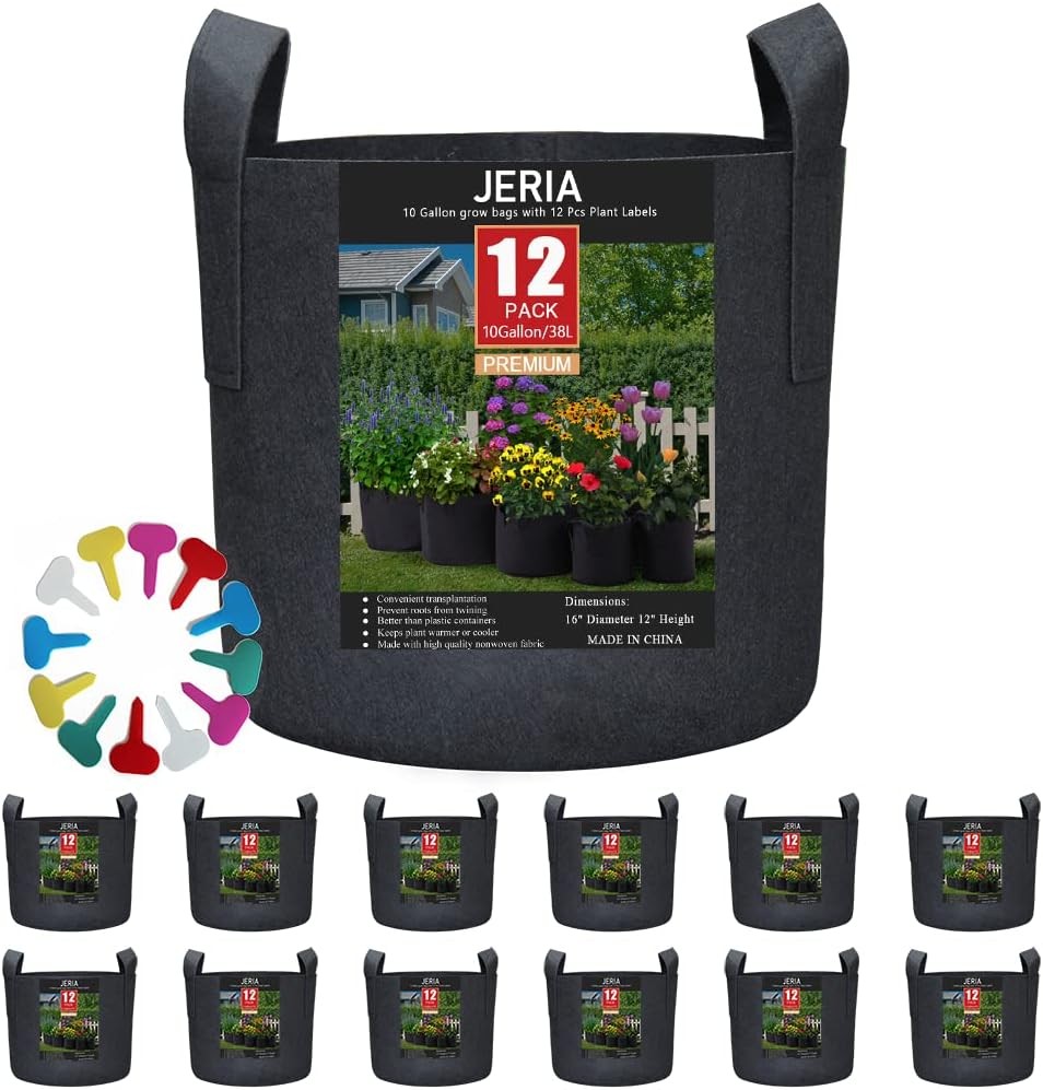 JERIA 12-Pack 10 Gallon Grow Bags, 300G Thickened Nonwoven Garden Pots,Heavy Dut
