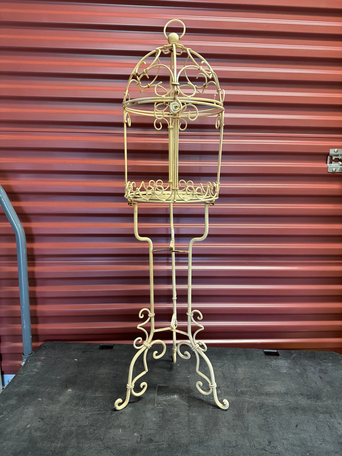 Un branded wrought iron birdcage style plant stand, Top Opens
