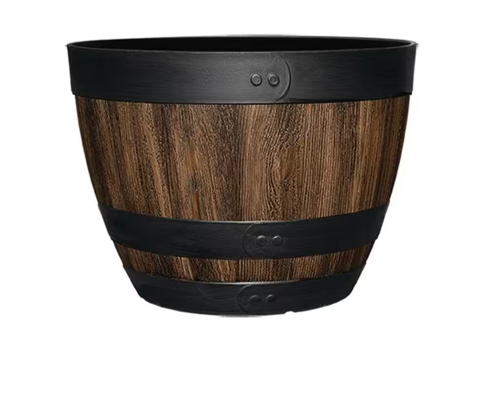 Large Resin Planter Garden Flower Plant Pot Walnut Barrel Gardening Pots 16 inch
