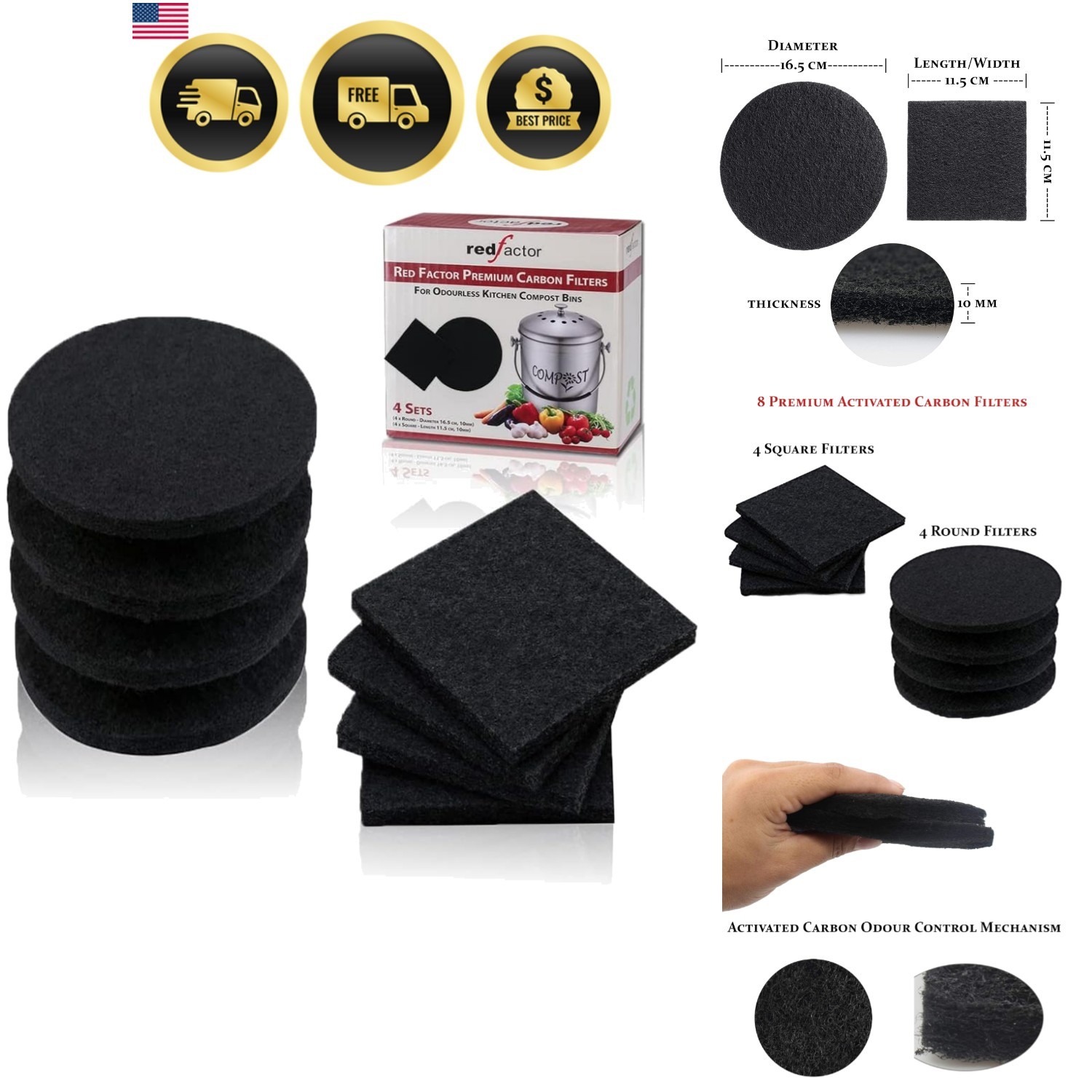 8 Pack Extra Thick Charcoal Filters for Kitchen Compost Bins – Activated Carb…