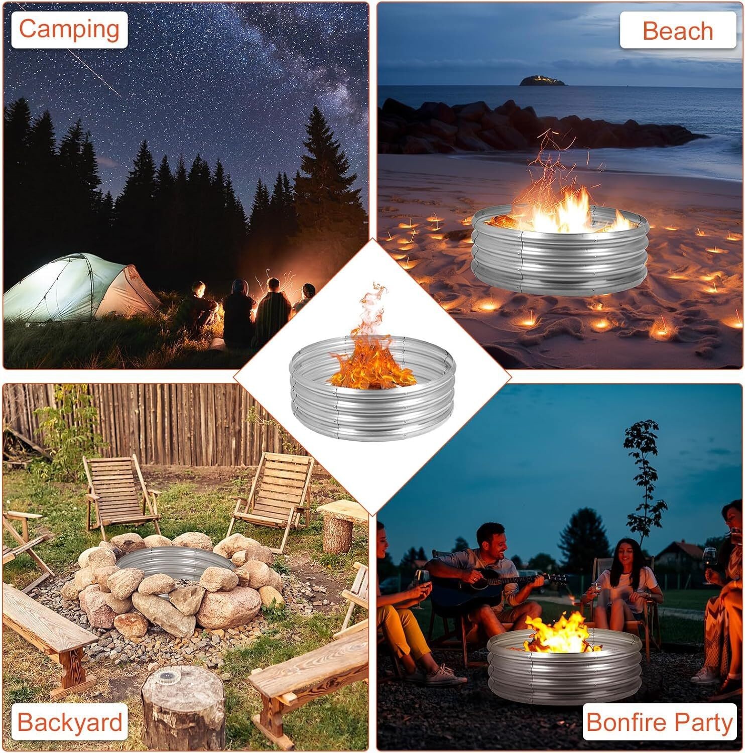36″ Silver Round Galvanized Steel Fire Ring Pit for Backyard, Camping, Bonfire