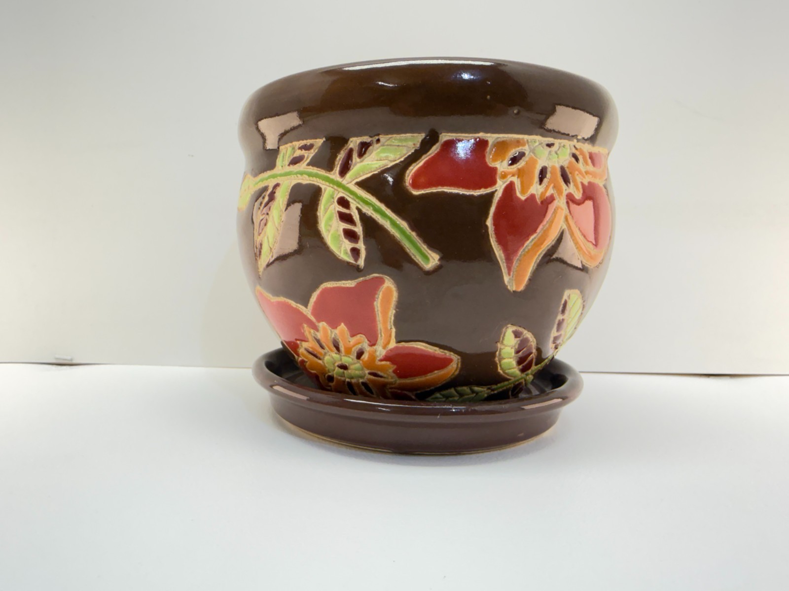 Pennington 5.5″ Carved Poppy Bowl Ceramic Planter Pot Espresso Bean Saucer