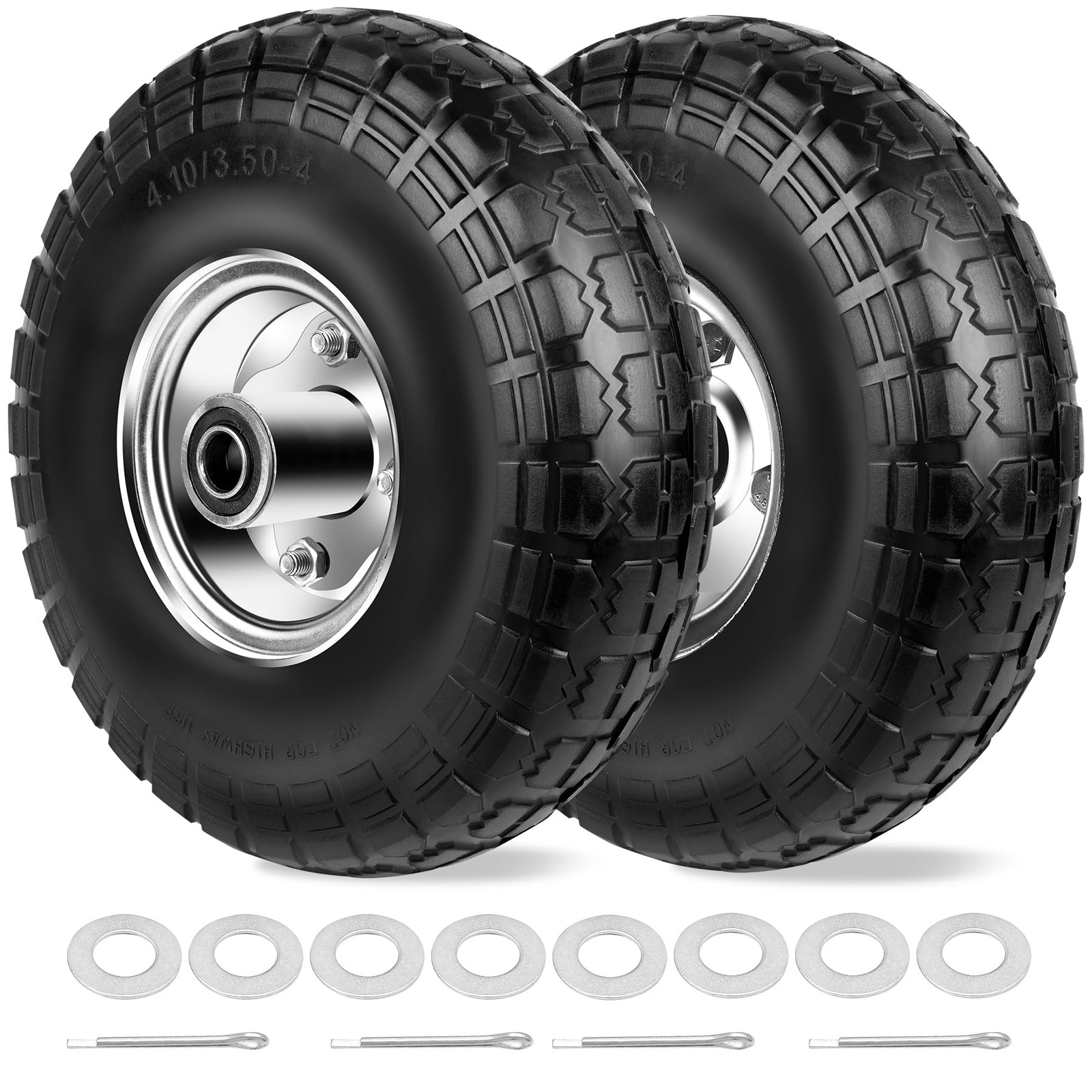 4.10/3.50-4 Tires and Wheels Flat Free 10 Inch Solid 10″ – 2P, Silver