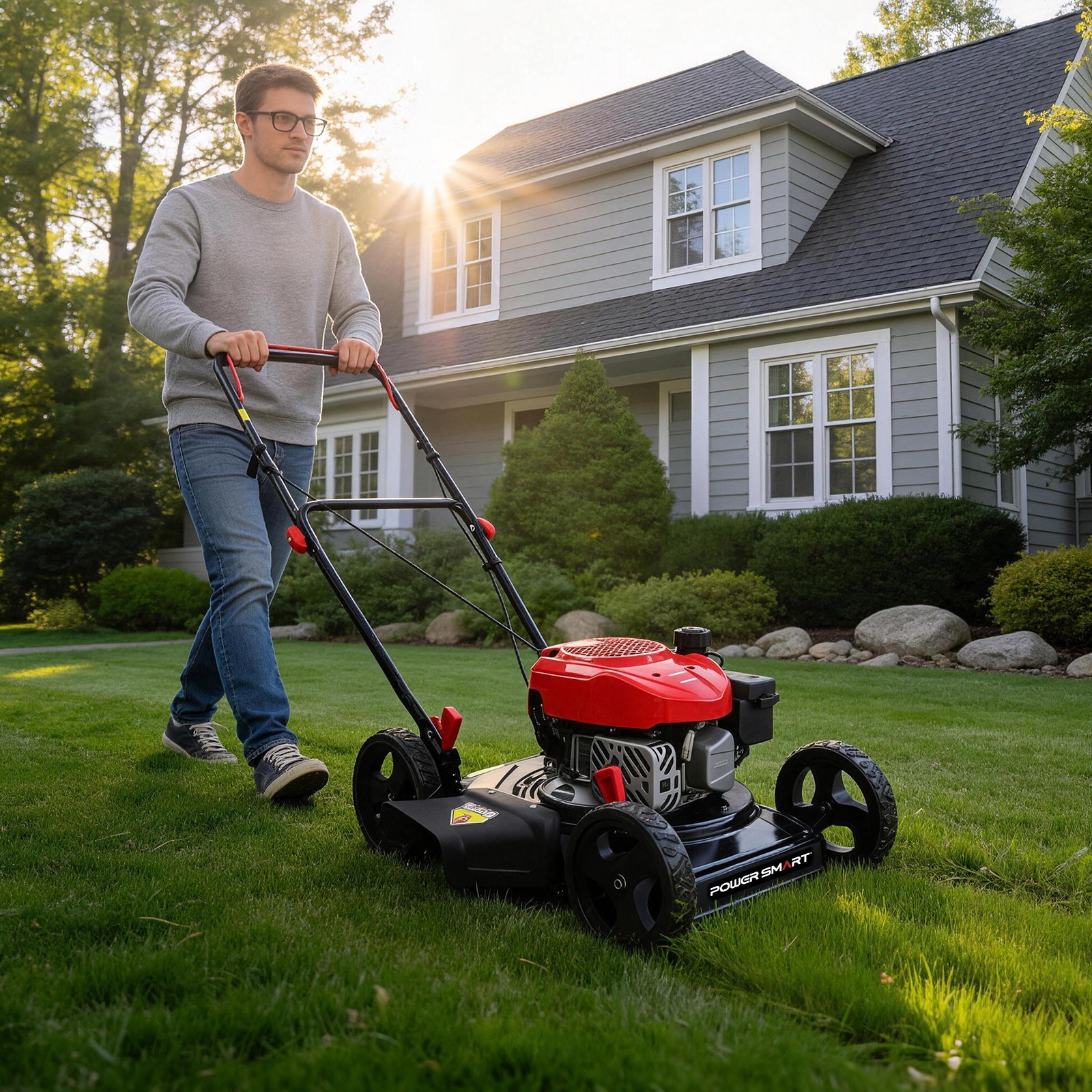 PowerSmart 18″ Gas Push Lawn Mower, 144cc, 2-in-1 Mulching & Side Discharge, New