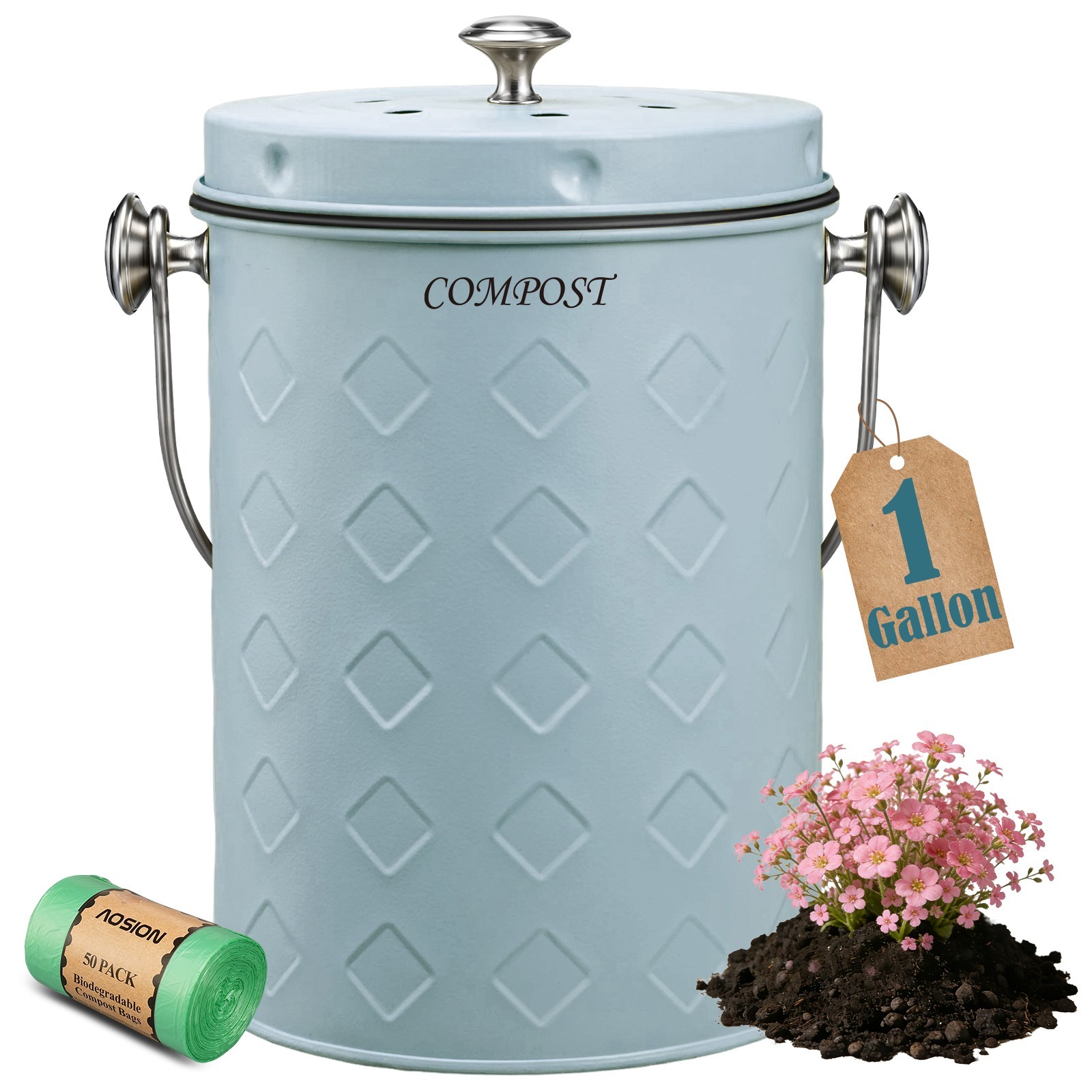 Odorless Indoor Countertop Compost Bin with Lid,Farmhouse Composter Container