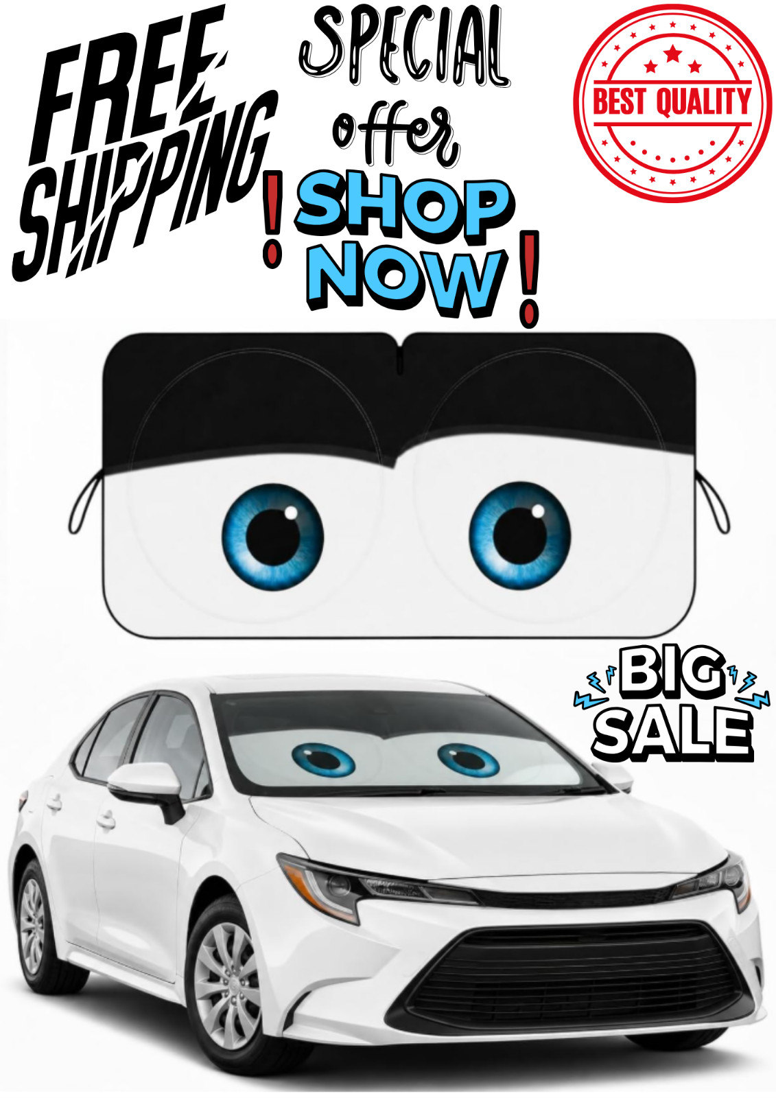 Funny Eyes Car Windshield Sun Shade, 59 x 27.5 Foldable Front Window Sunshade Un