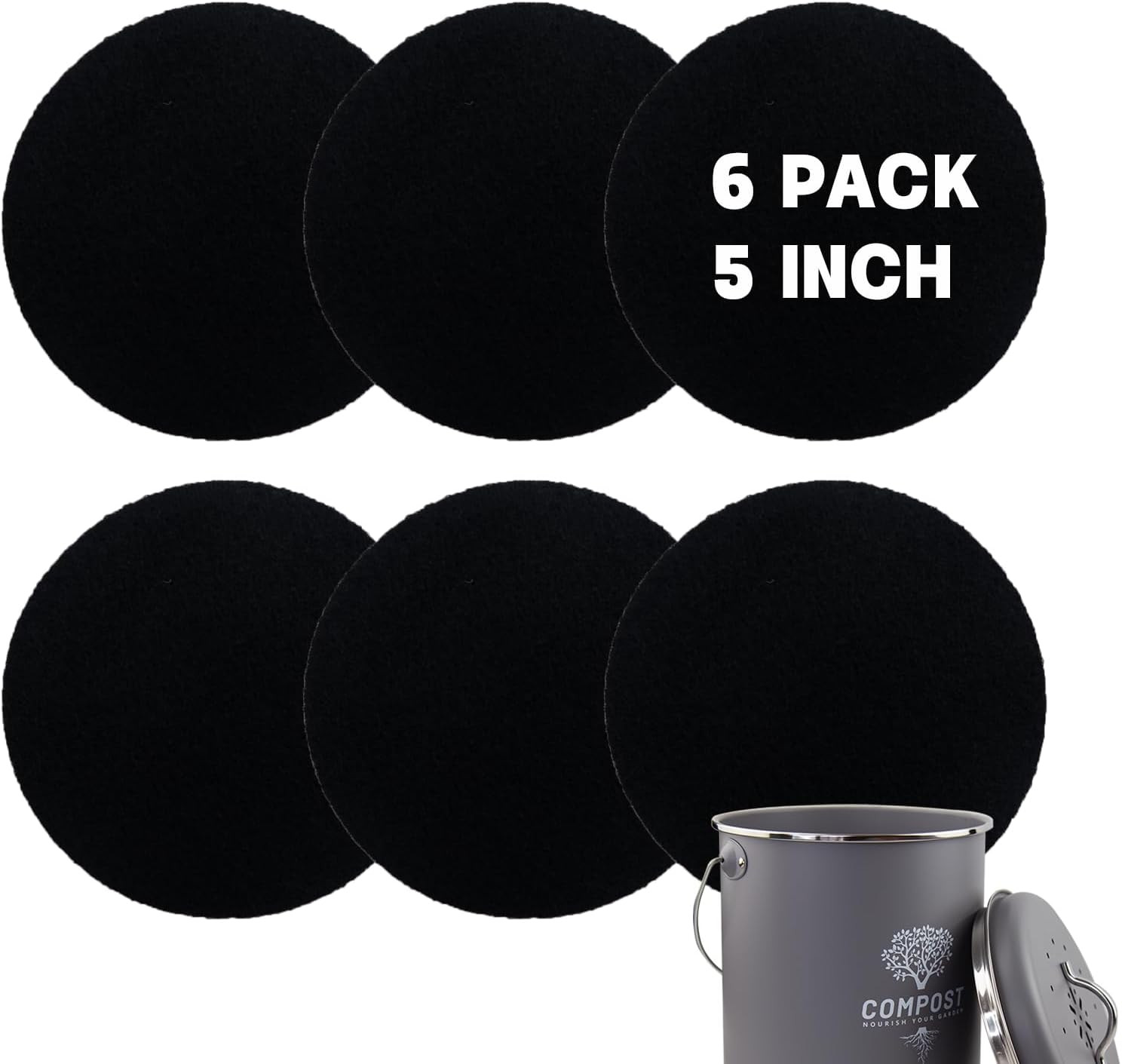 6 Pack Charcoal Filters for Compost Bin Bucket, 5 Inch Round Activated Carbon Ch