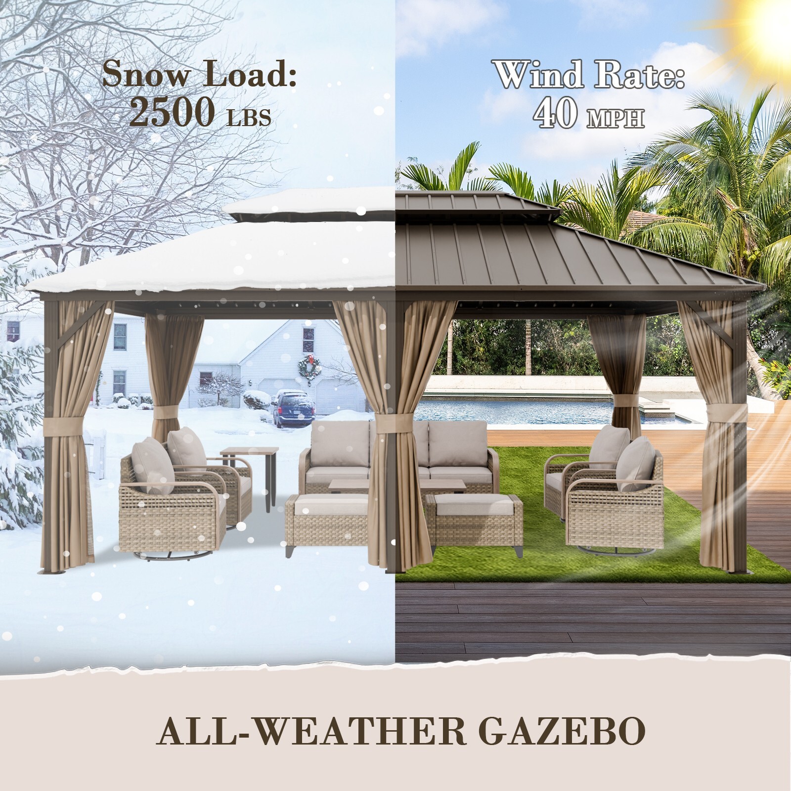 EAGLE PEAK 12×18 Hardtop Gazebo with Netting and Curtains