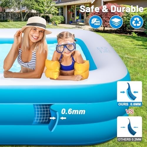 Large Solar Inflatable Pool with Lights, 130″x72″x22″, Oversized Thickened Blow