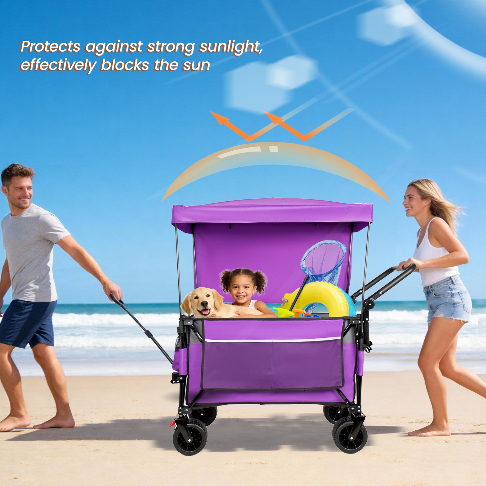 Folding Wagon Cart with Canopy, 480 lbs Capacity, 300L, 7″ Wheels, Purple
