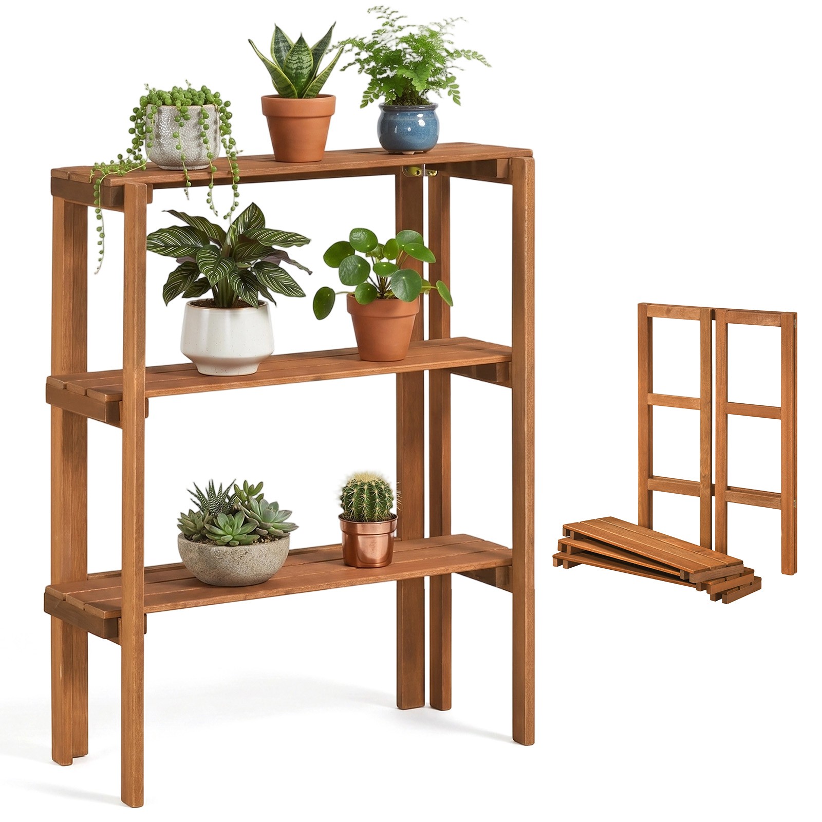 Folding Wooden Storage Shelves, 3-Tier Plant Stand Indoor Outdoor for Entryway