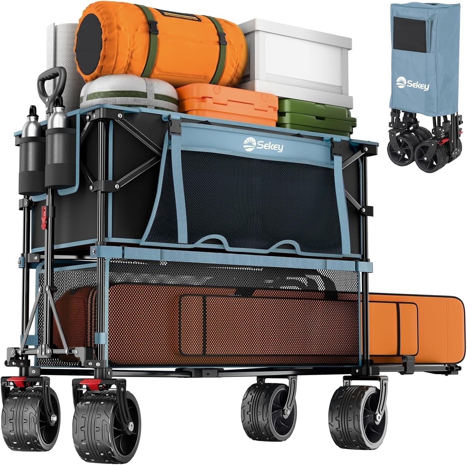 Heavy Duty Folding Wagon All-terrain Wheels For Camping, Sports, black-blue