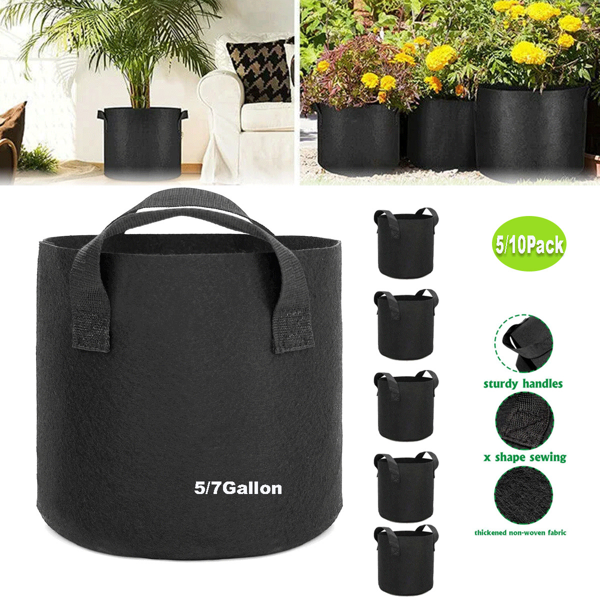 5/10 Pk Plant Grow Bags Thickened Nonwoven Fabric Pot Nursery Soil Bag 5/7Gallon