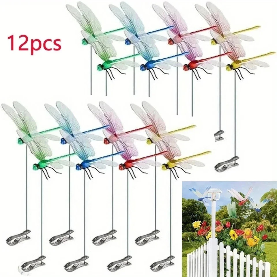 12×Fake Dragonfly Clips Clip on Dragonfly for Outdoors 3D Dragonfly Garden Decor