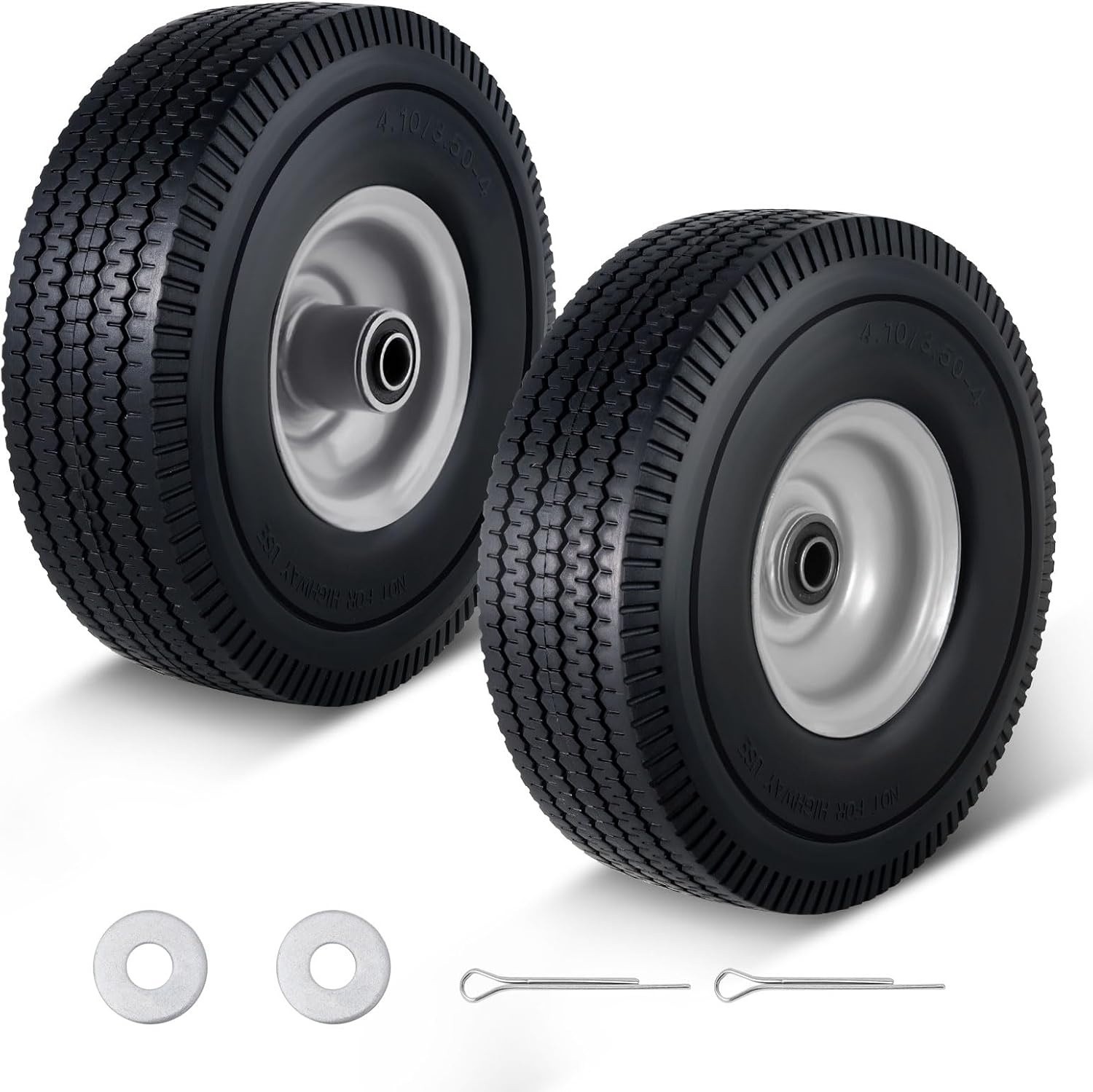 (2) 4.10/3.50-4 Flat Free Tires 10″ Solid Wheel 5/8″ Bore Hand Truck Cart Dolly
