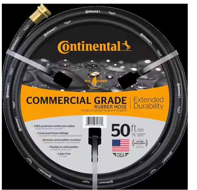Continental Water Hose 5/8in x 50ft Rubber Heavy Duty Black Commercial Grade