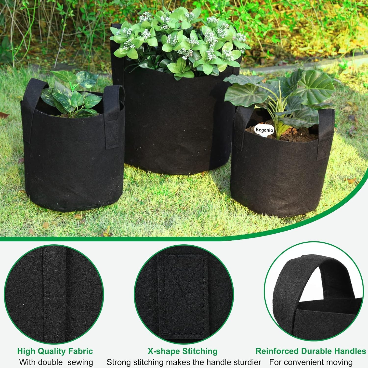 JERIA 12-Pack 10 Gallon Grow Bags, 300G Thickened Nonwoven Garden Pots,Heavy Dut