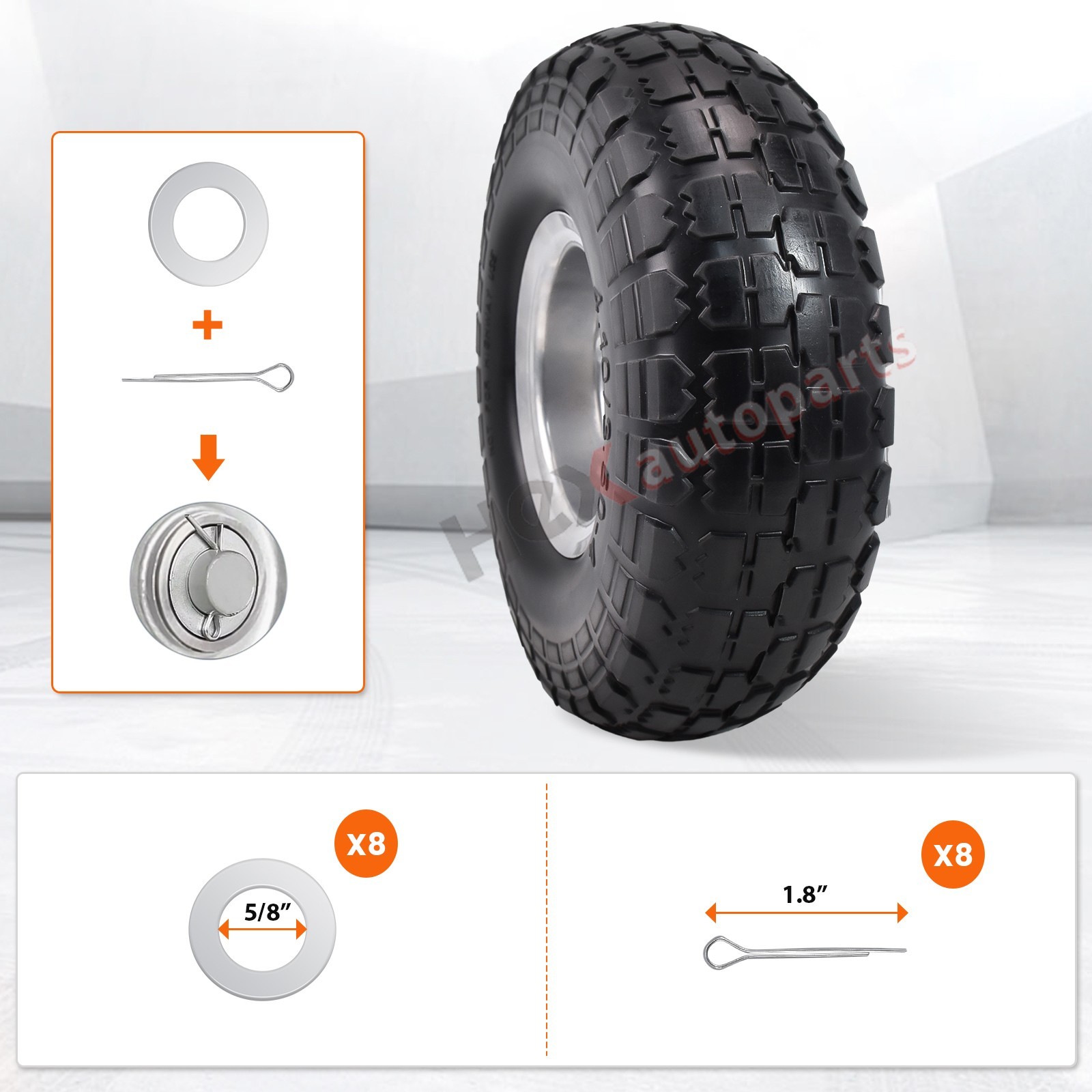 2pcs 10″ Flat Free Tire Wheelbarrow 2.2″ Hub 5/8″ Axle Tire Size 4.10/3.50-4″