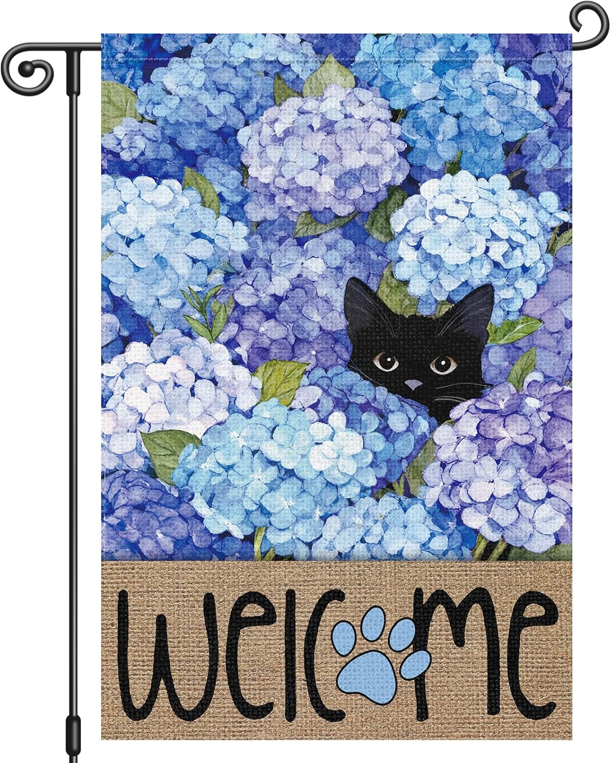 Spring Summer Garden Flag Black Cat Hydrangea Flower Welcome