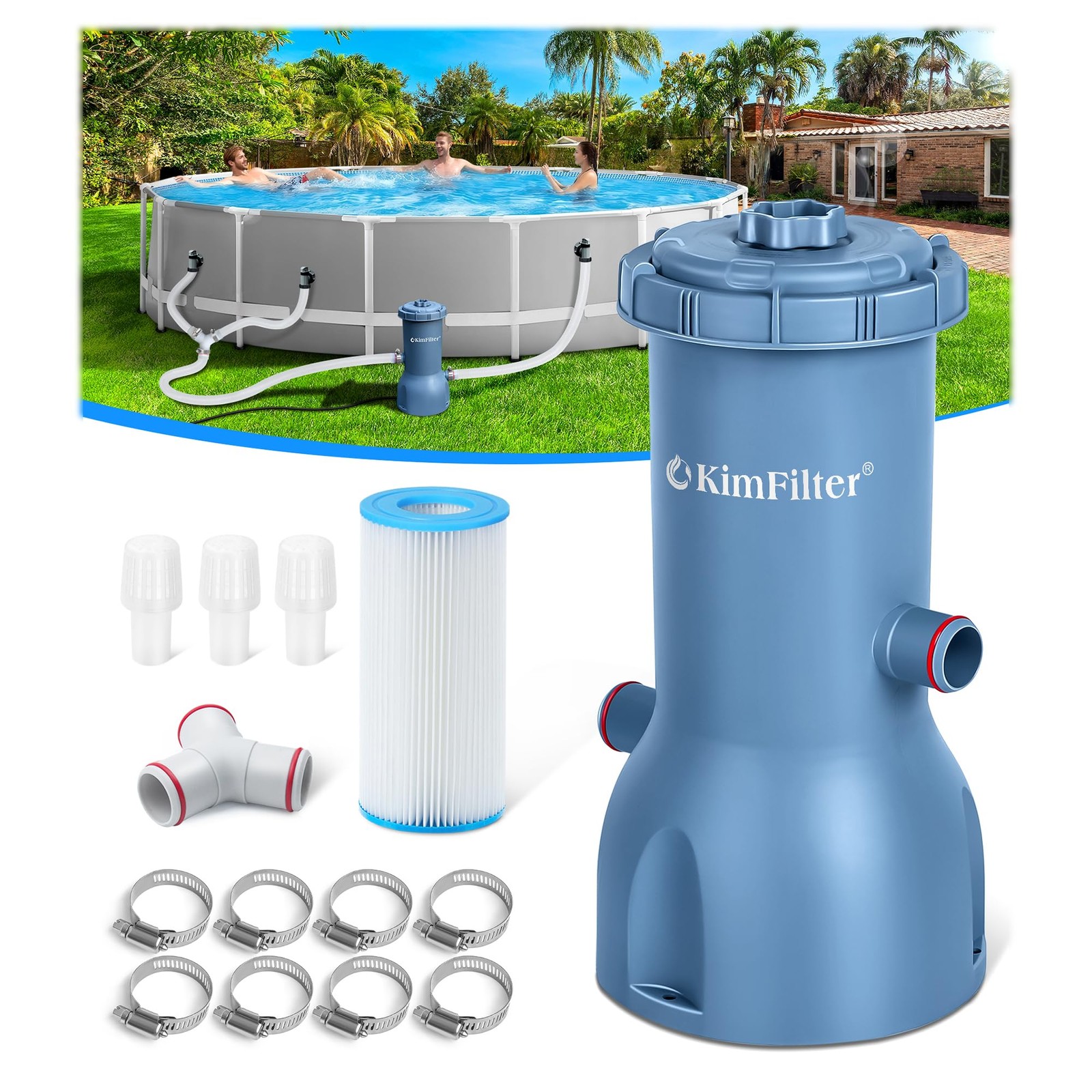 KimFilter Pro 1000 GPH Above Ground Pool Cartridge Filter Pump System Blue