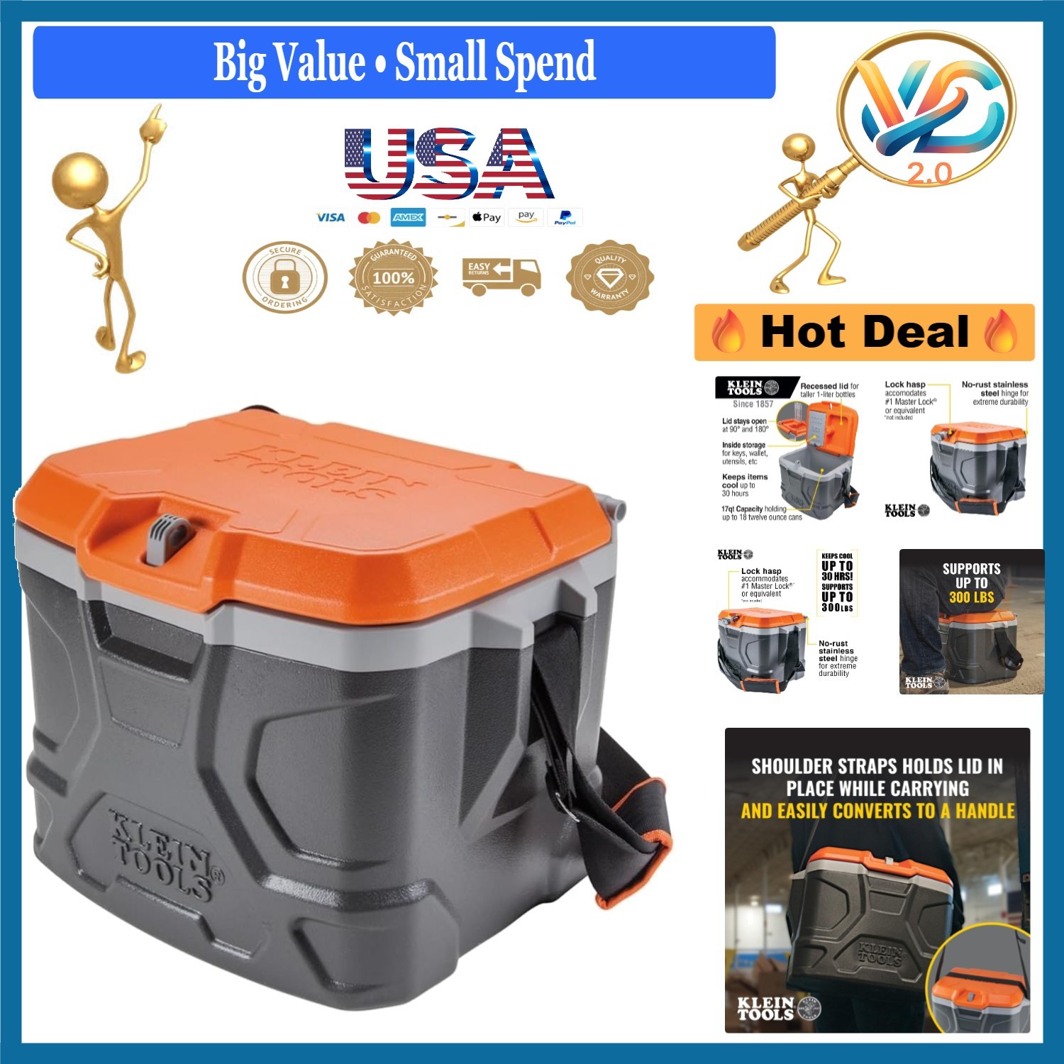 Klein 17 Qt Work Cooler Food Cooler Supports 300 Lb Keeps Cold 30H Gray