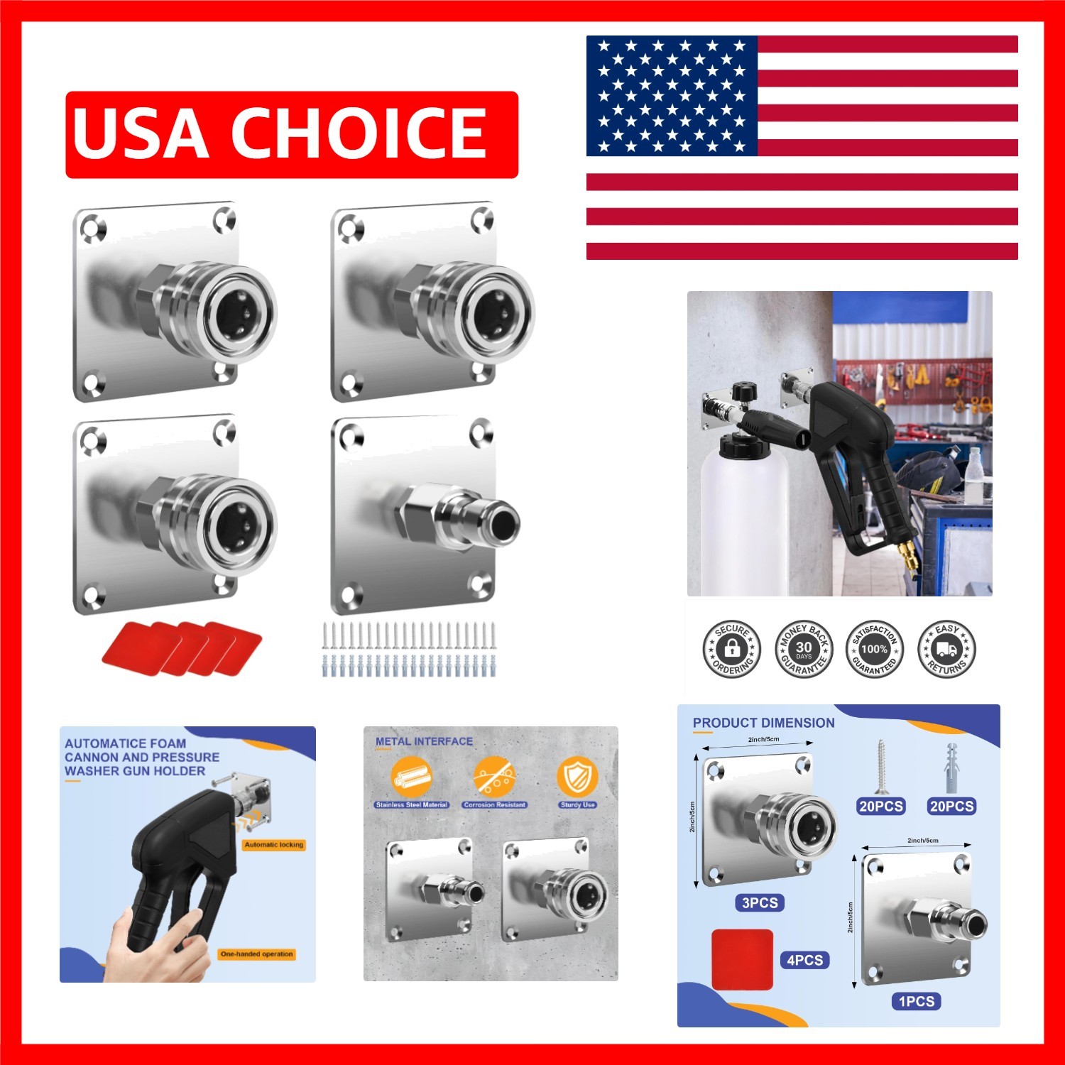 4-Pack Automatic Foam Cannon Holder with 1/4″ Quick Connect – Durable Wall Mount