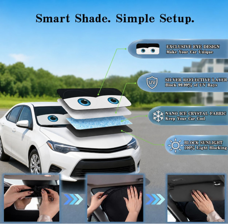 Funny Eyes Car Windshield Sun Shade, 59 x 27.5 Foldable Front Window Sunshade Un