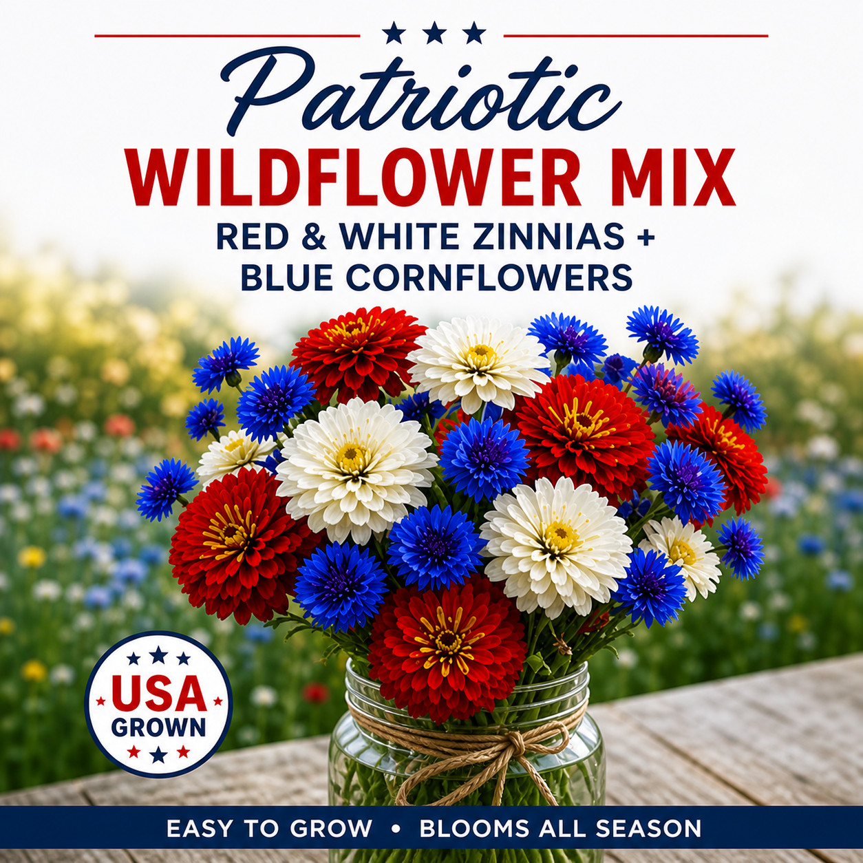 Patriotic Wildflower Mix Seeds Red White Blue Zinnia Bachelor Buttons
