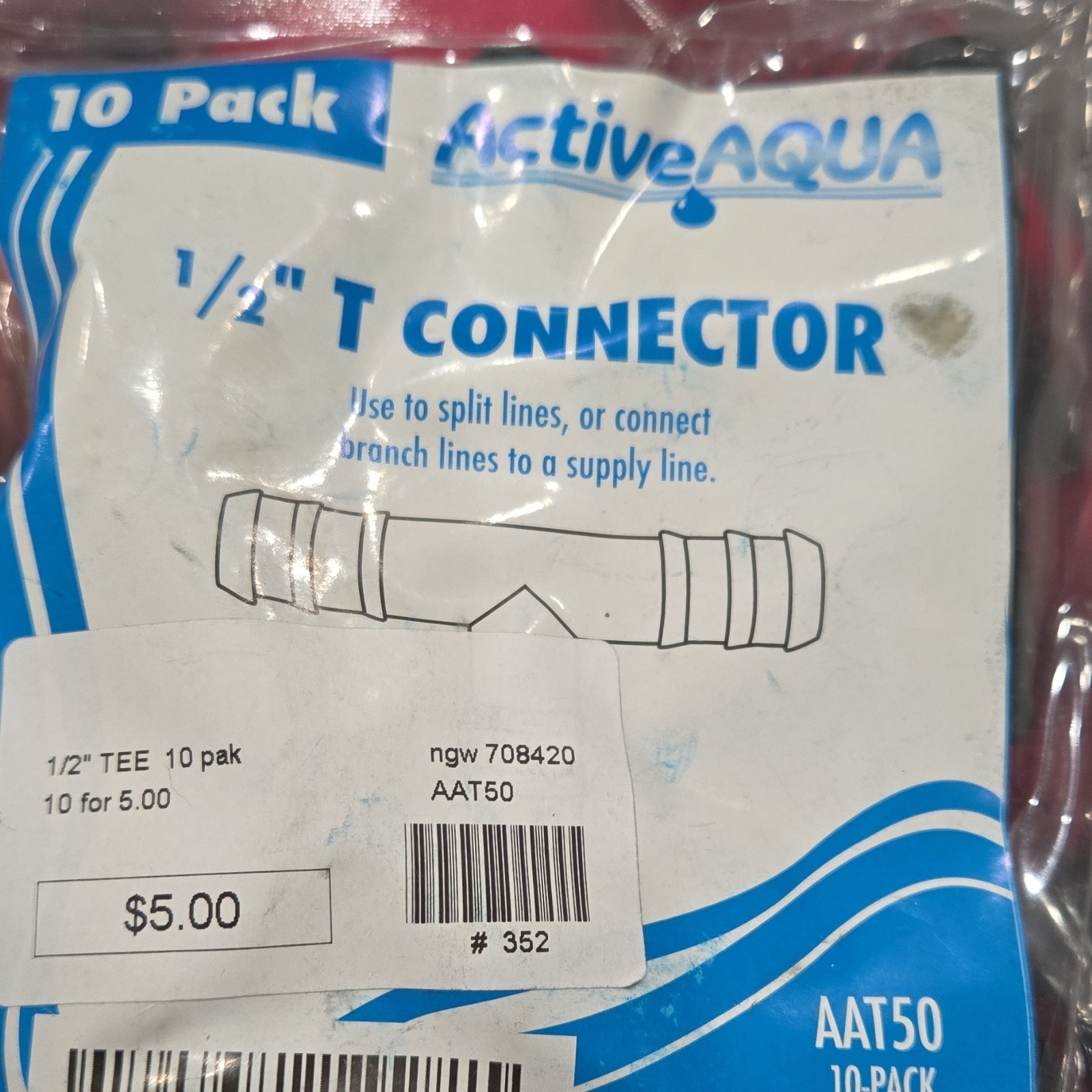 Active Aqua 1/2″ T Connector Irrigation Accessories 10 Pack MPN AAT50