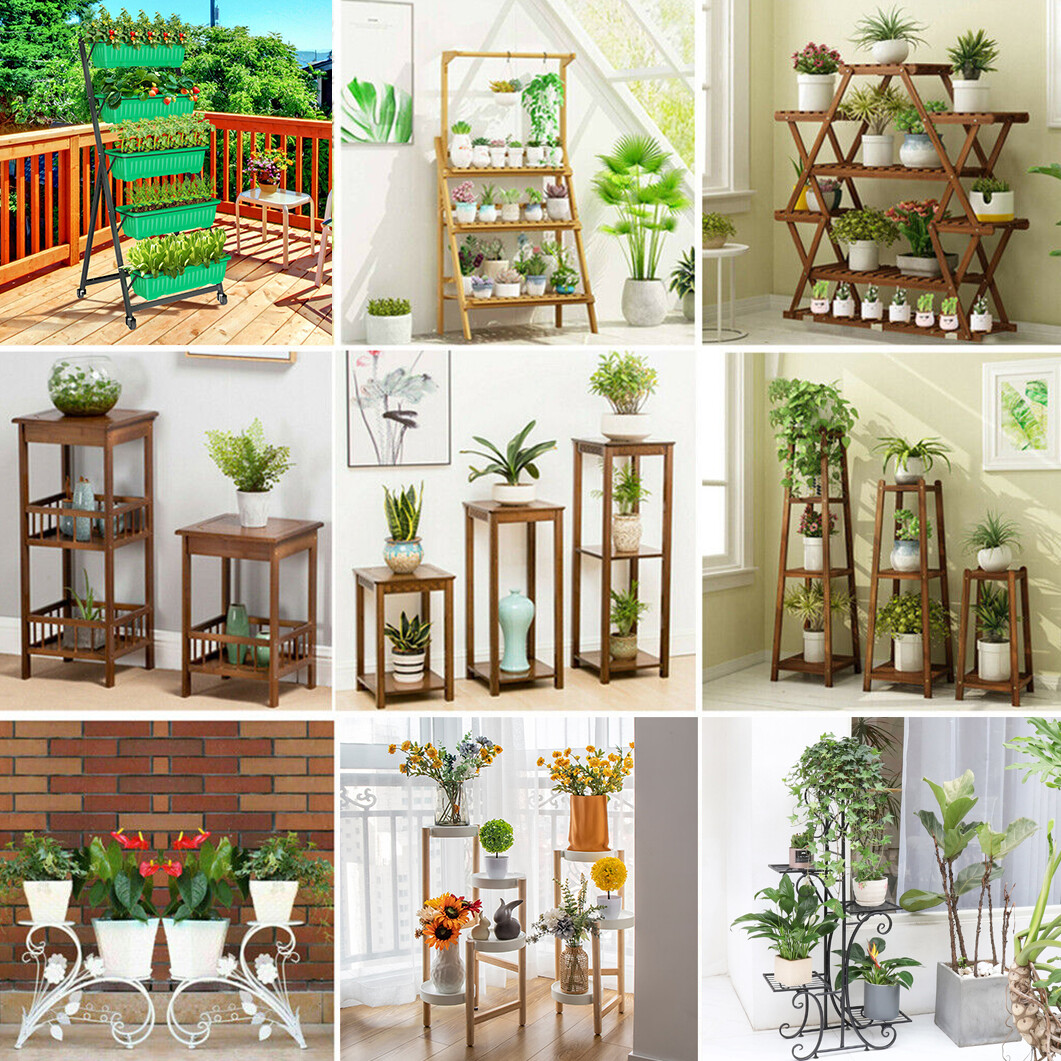 Metal/Wooden Multi Tiered Plant Pot Stand Flowers Greener Indoor Outdoor Display