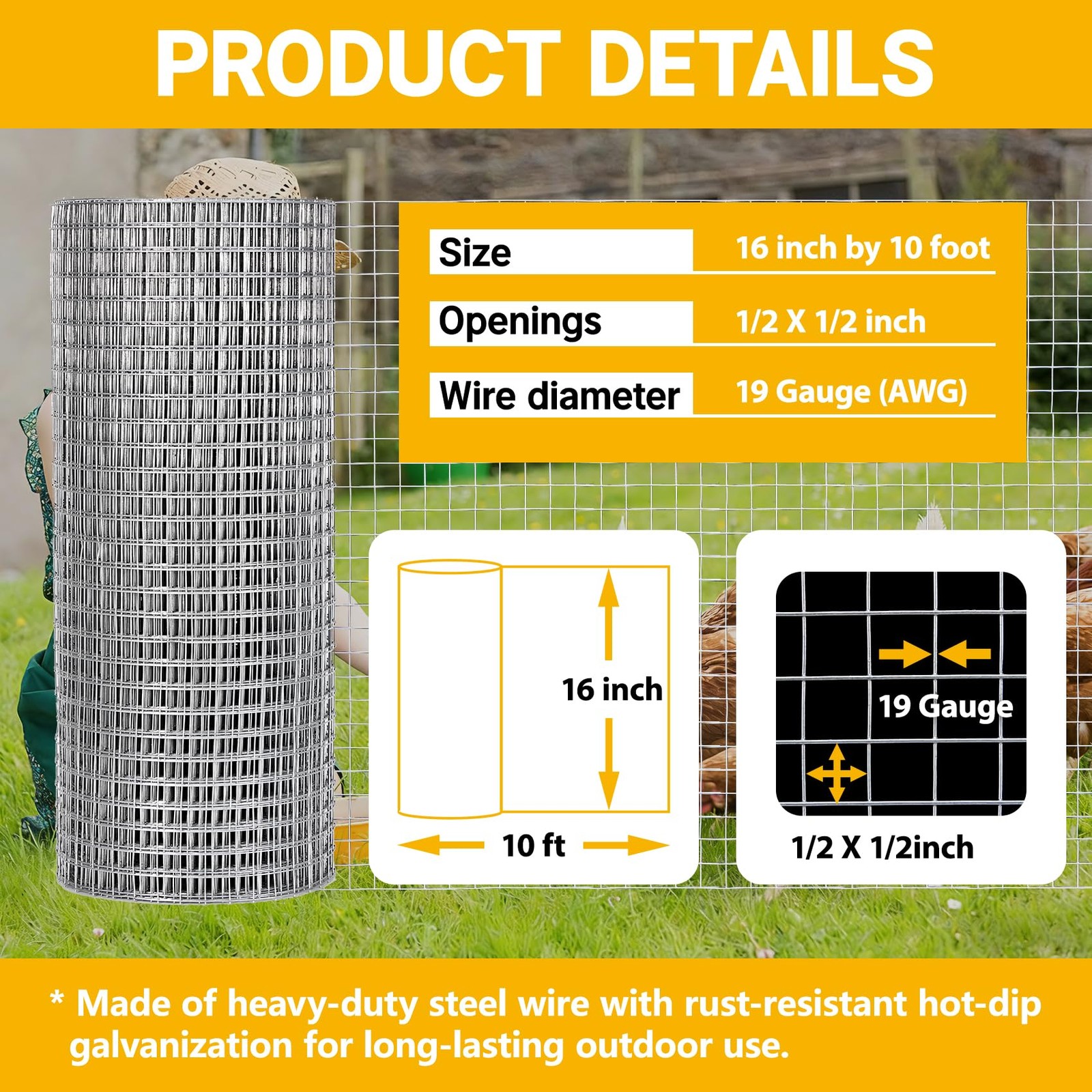 16in x 10ft Hardware Cloth – 1/2 Inch 19 Gauge Chicken Wire, Hot-Dip Galvaniz…