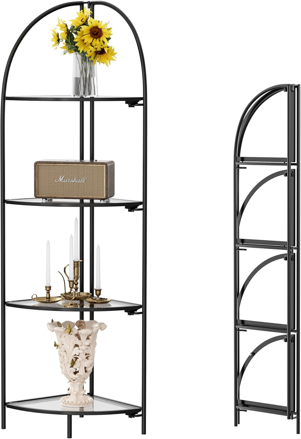 Foldable 4-Tier Metal Corner Shelf with Transparent Shelves for Any Room