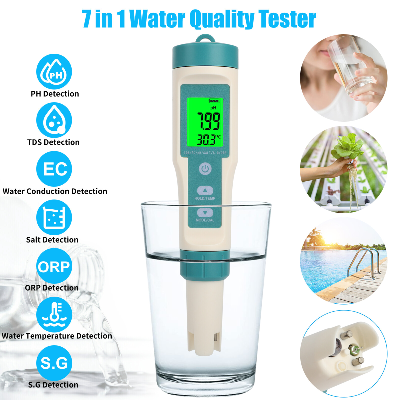 7 in 1 Digital LCD Water Quality Tester PH/TDS/EC/ORP/TEMP/SG/Salinity Meter Pen