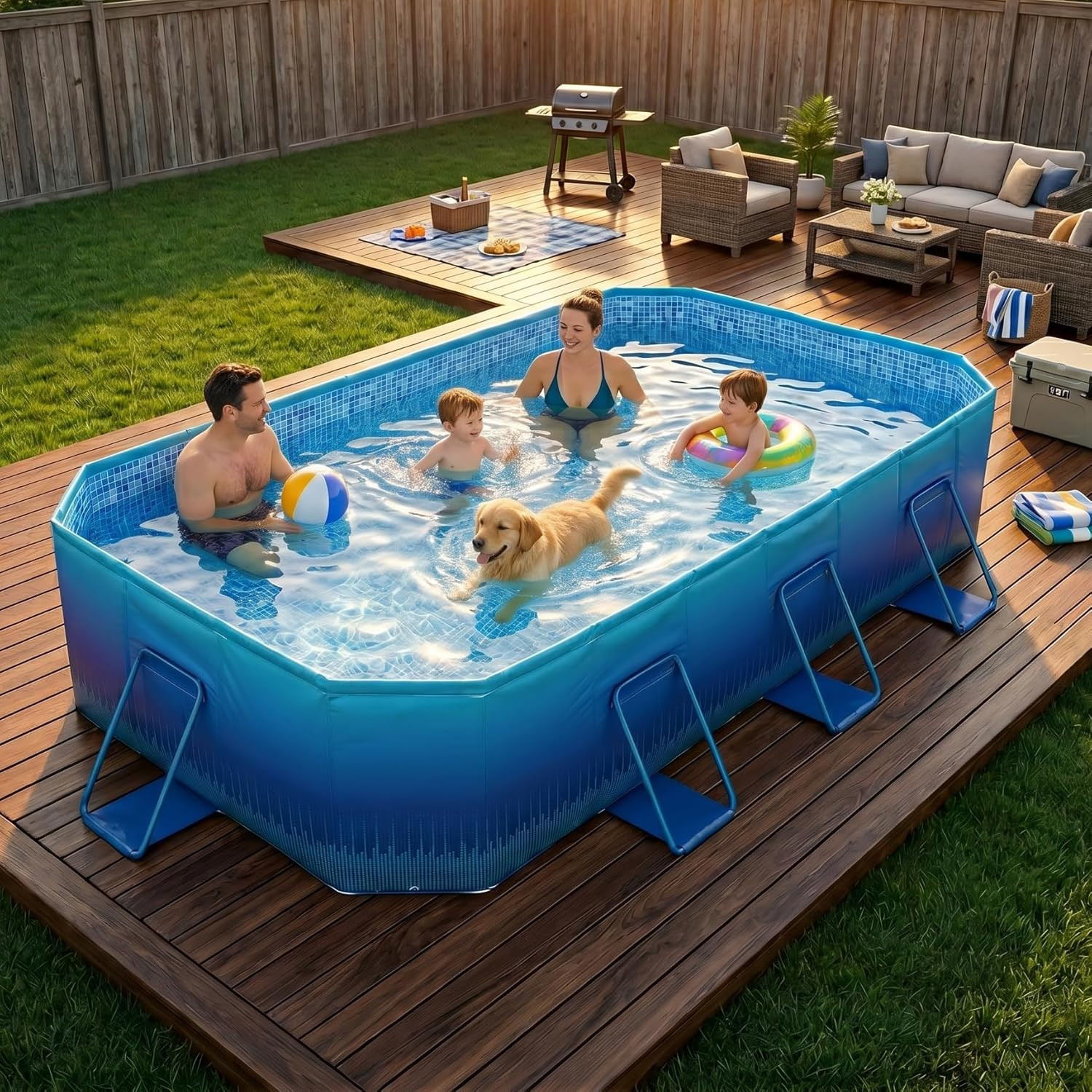 101″ Foldable Pool for Kids & Adults,Blue | Non-Inflatable, Metal Frame, Thick P