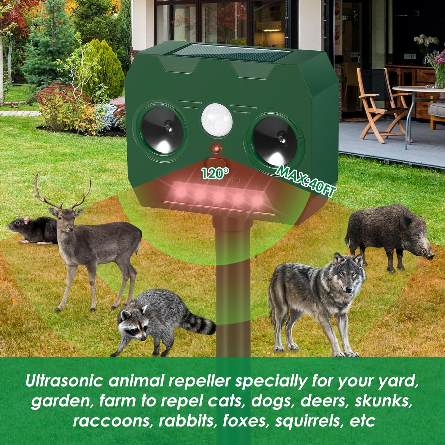 2025 New Solar Ultrasonic Animal Repellent Dog Cat Skunk Deer Raccoon For Garden